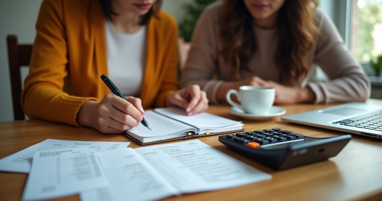7 erros que casais cometem ao cuidar do dinheiro juntos 1 Casal sentado à mesa anotando despesas em caderno