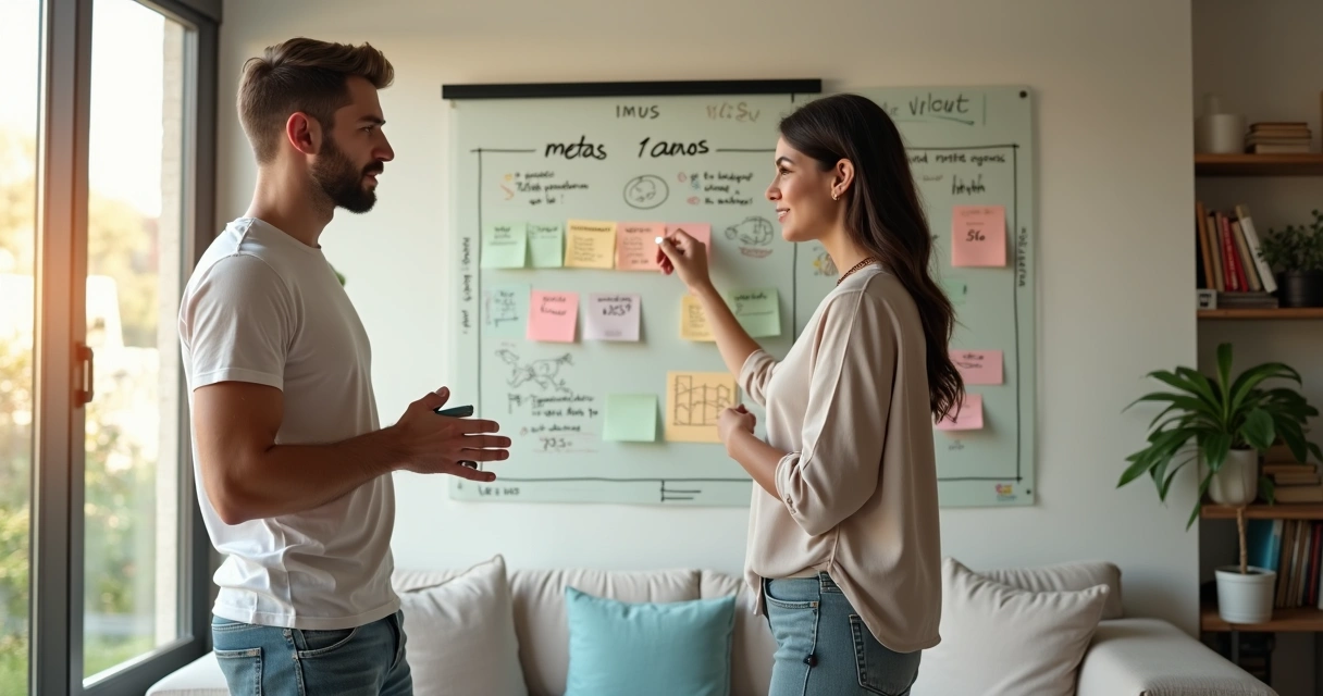 Casal jovem diante de grande quadro organizando metas financeiras em casa 