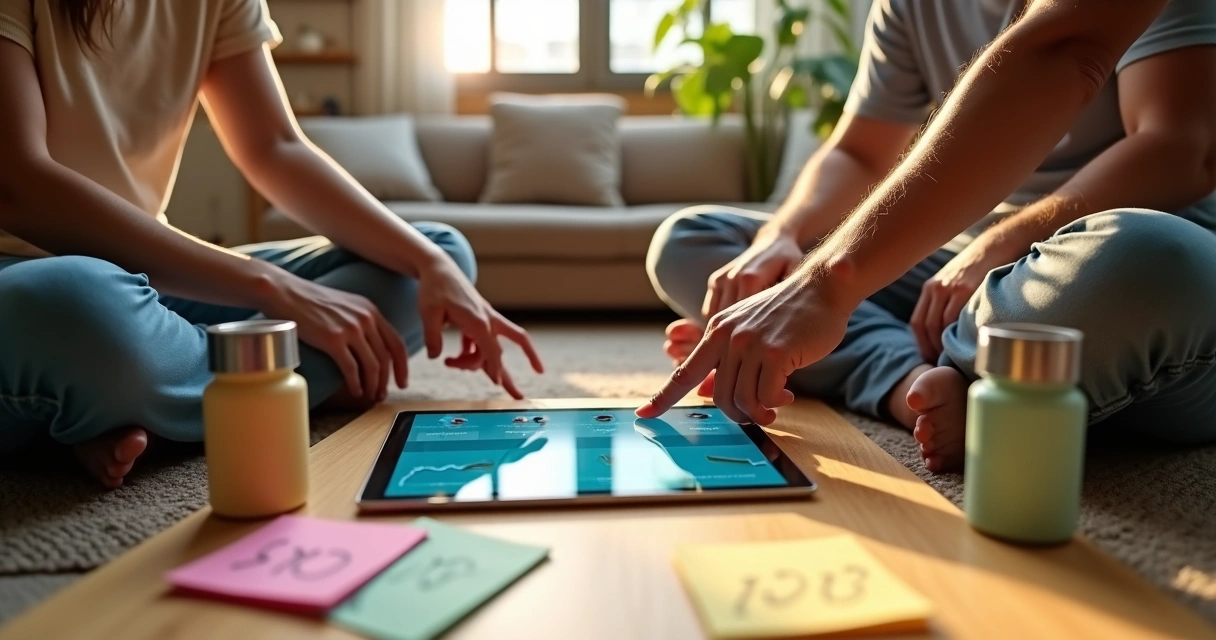 Casal consultando finanças compartilhadas em tablet sobre mesa da sala 