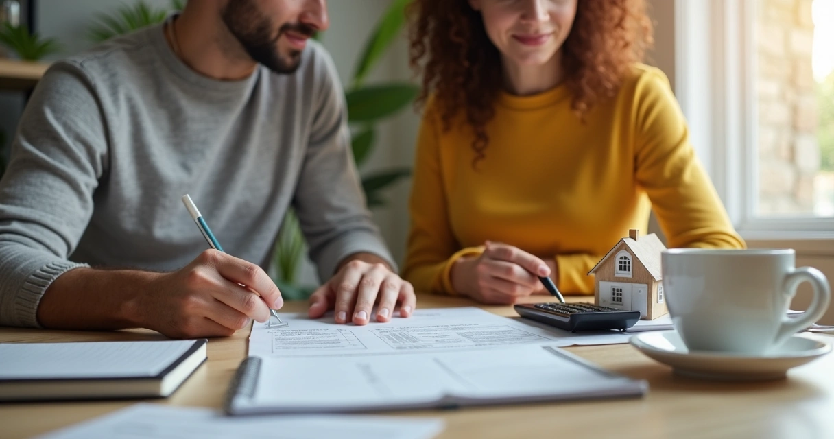 Casal analisando financiamento imobiliário em casa 