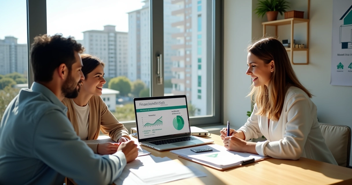 Casal jovem analisando financiamento imobiliário com consultor em mesa de escritório moderno 
