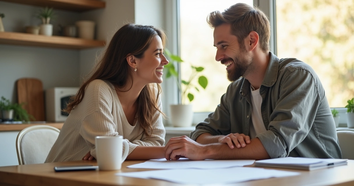 Casal jovem sentado à mesa, conversando com folhas e caneta, clima de planejamento 