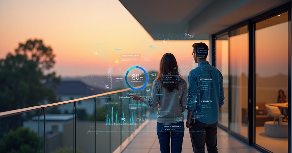 Casal analisa painel financeiro diante de casa de alto padrão 