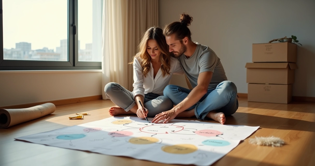 Casal sentado no chão de casa vazia olhando juntos para painel com desenhos de decisões de vida 