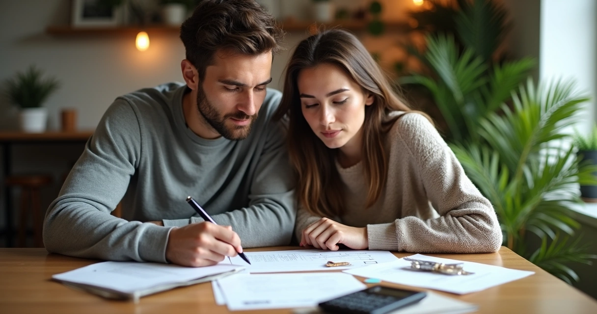Casal sentado à mesa revisando orçamento com notebook e papéis