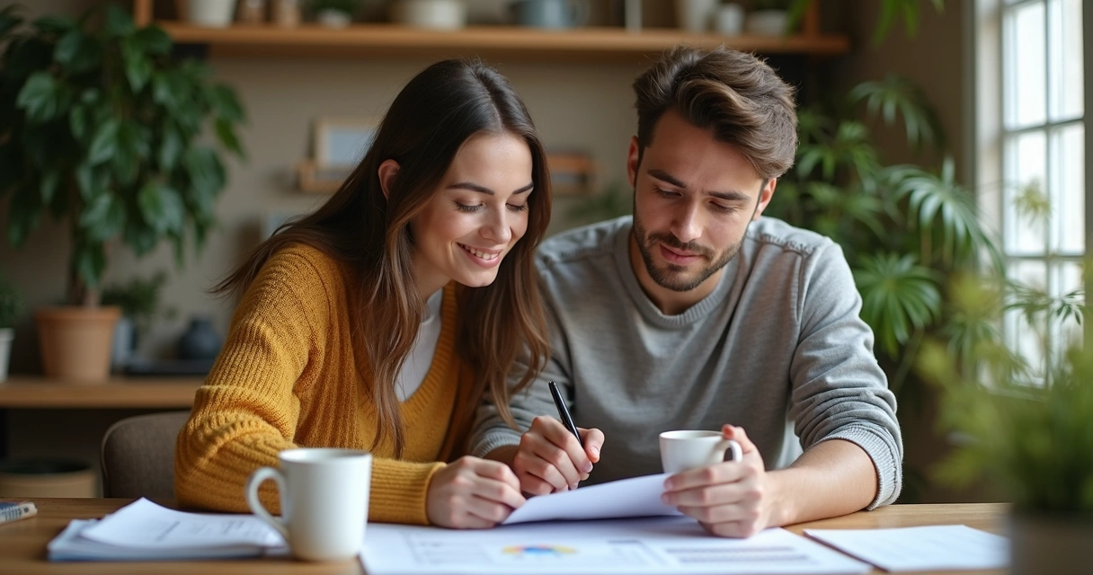 Casal sentado à mesa analisando orçamento junto com papéis e notebook 