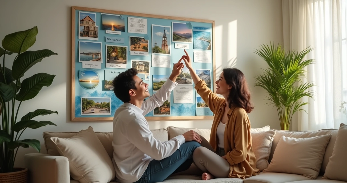 Como conversar sobre dinheiro sem brigar: estratégias para casais 2 Casal sorrindo olhando para um quadro de metas