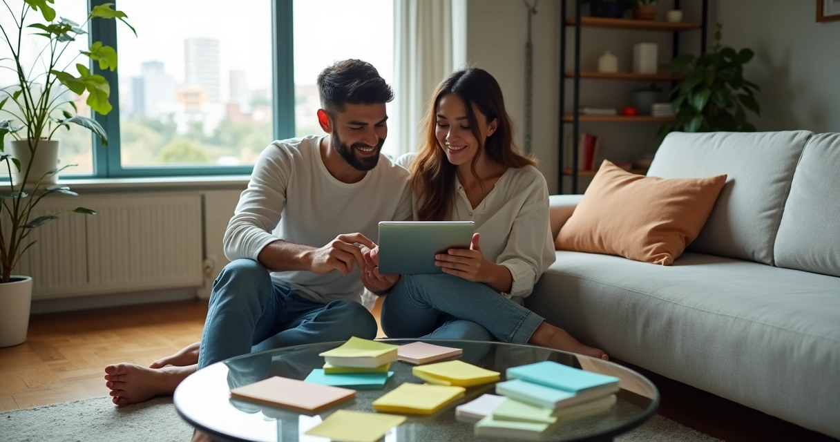 Casal sentado no chão planejando sonhos financeiros com post-its e tablet 