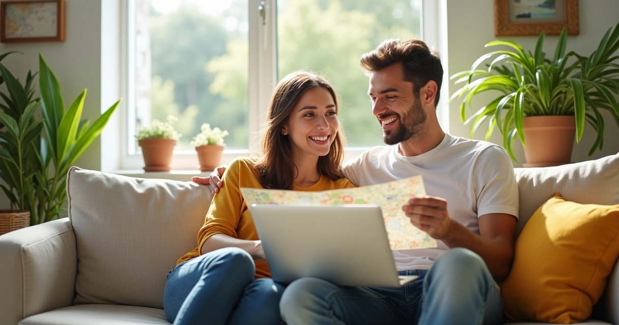 Casal feliz planejando viagem com mapa e computador