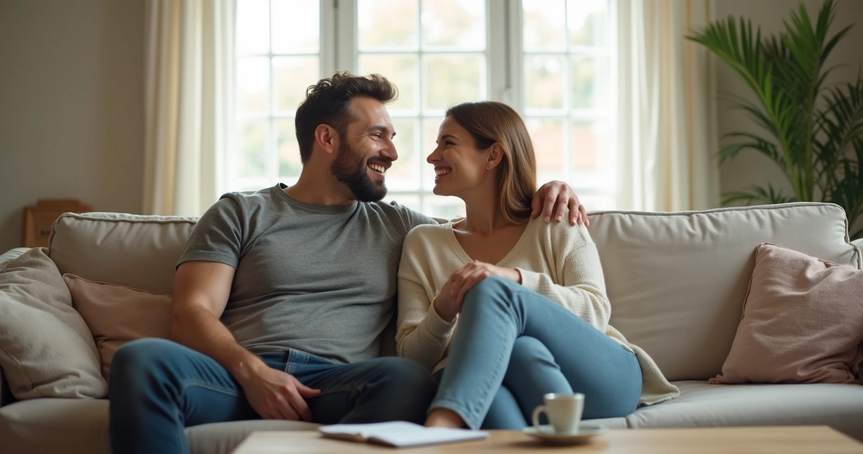 Casal conversando sobre vasectomia em casa de forma tranquila 