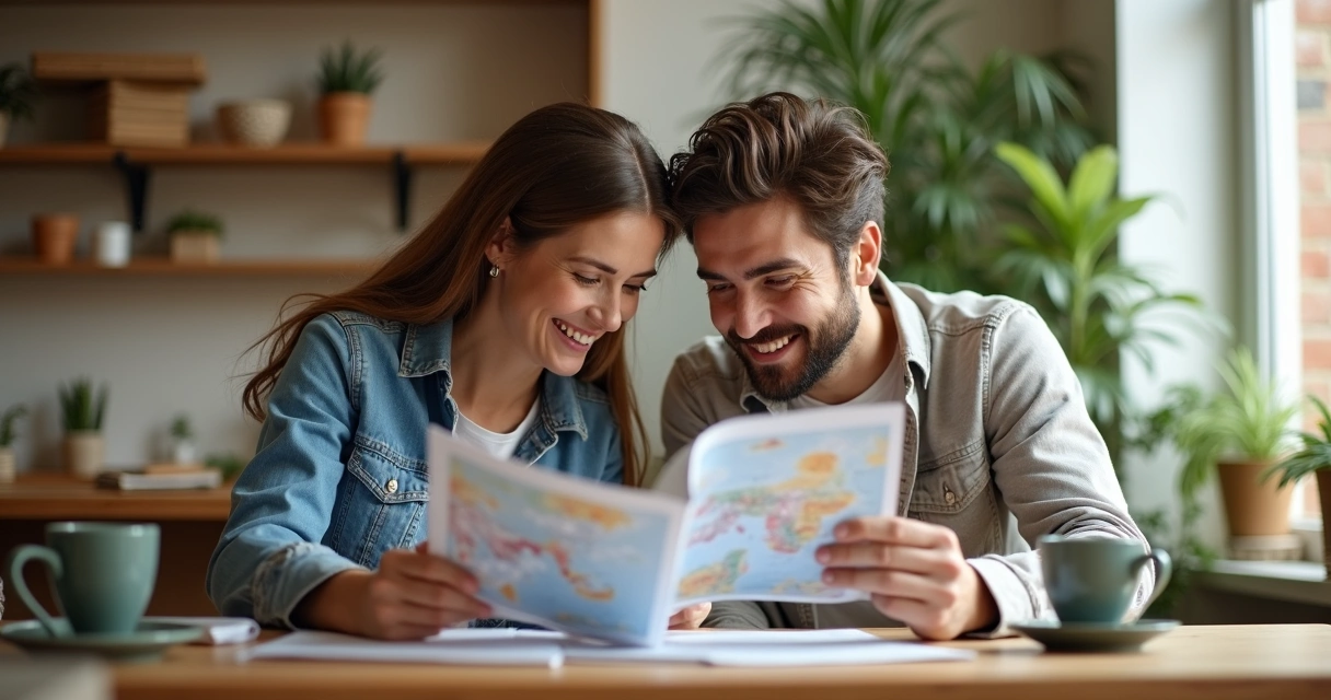 Casal sentado à mesa planejando viagem juntos 