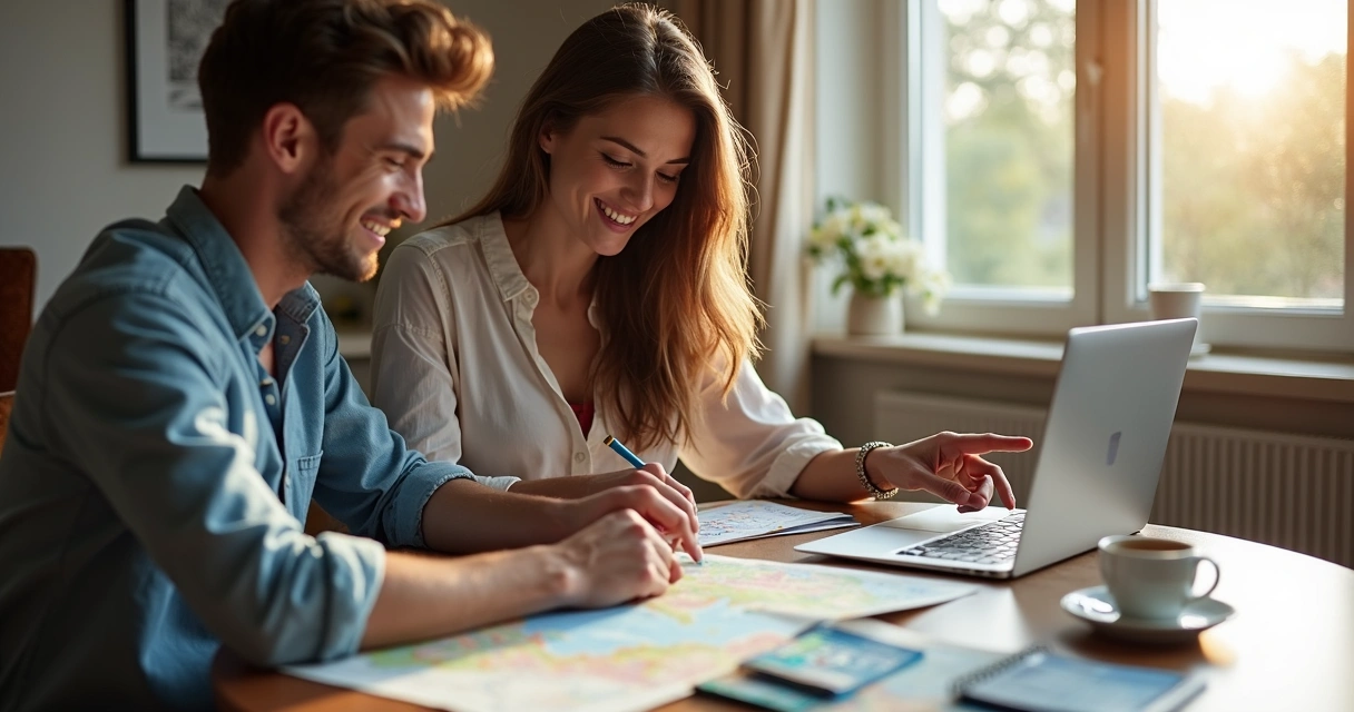 Casal jovem sentado à mesa com mapas, passaportes e laptop planejando viagem à Europa 