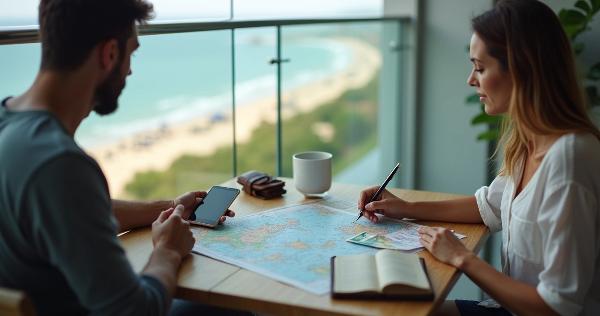 Casal organiza viagem na varanda com vista para o mar usando mapa e celular 