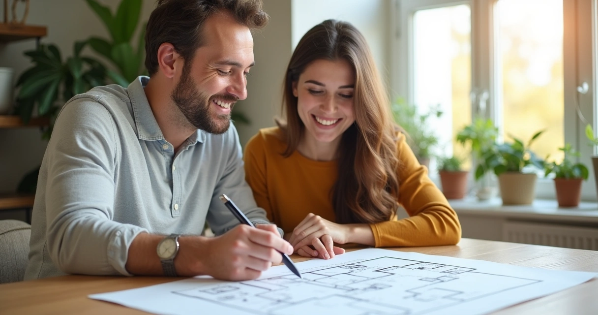7 erros que casais cometem ao cuidar do dinheiro juntos 2 Casal sorridente olhando para planta baixa de casa sobre mesa