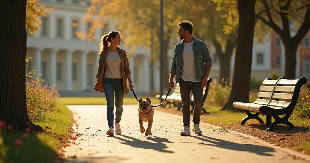 Casal passeia com cão num parque no Porto 