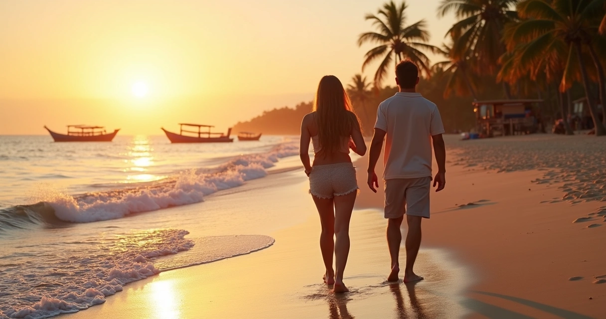 Casal caminhando em praia de Ilhéus ao entardecer 