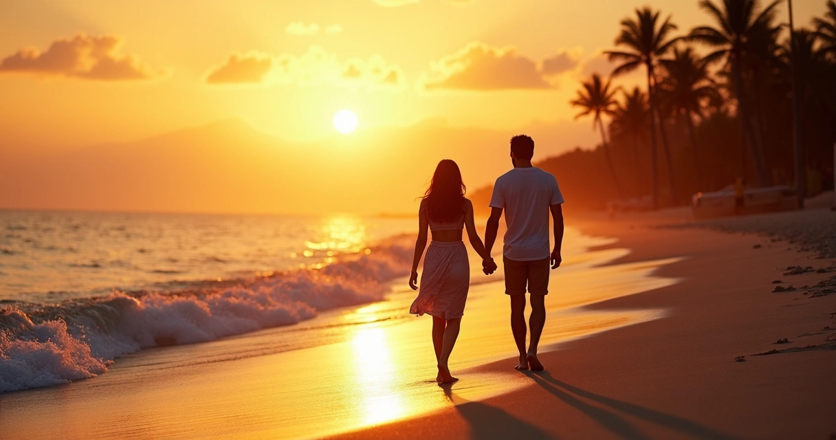 Casal caminhando de mãos dadas na praia ao pôr do sol no sul da Bahia 