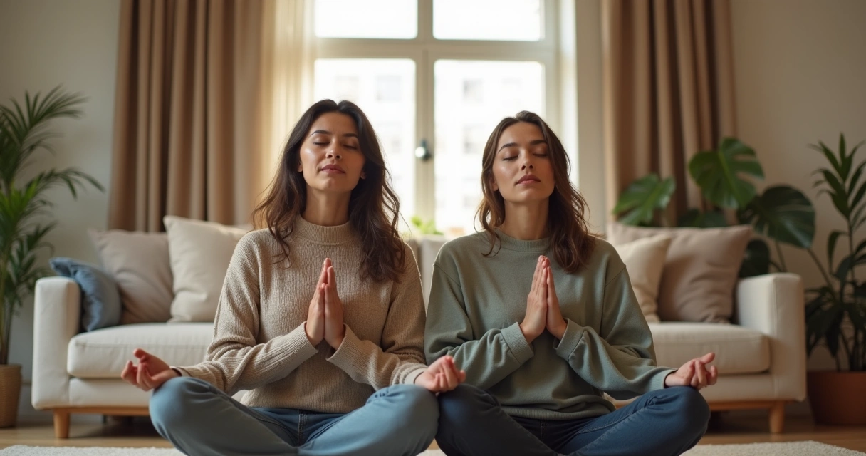 Casal sentado lado a lado praticando respiração consciente