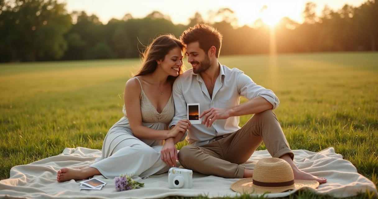 Casal em ensaio pré-wedding descalço em campo gramado olhando fotografia instantânea 