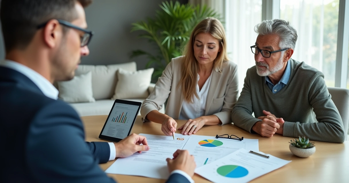 Casal maduro analisando contas de plano de saúde com corretor 