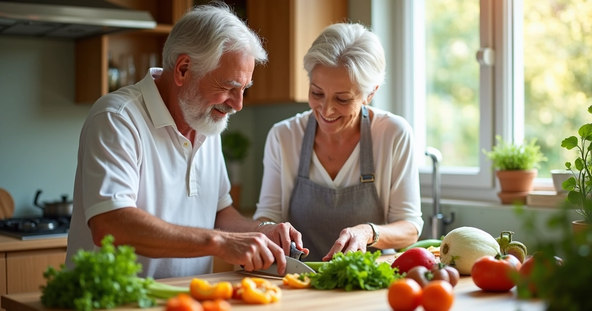 Casal madura preparando verduras e legumes na cozinha 