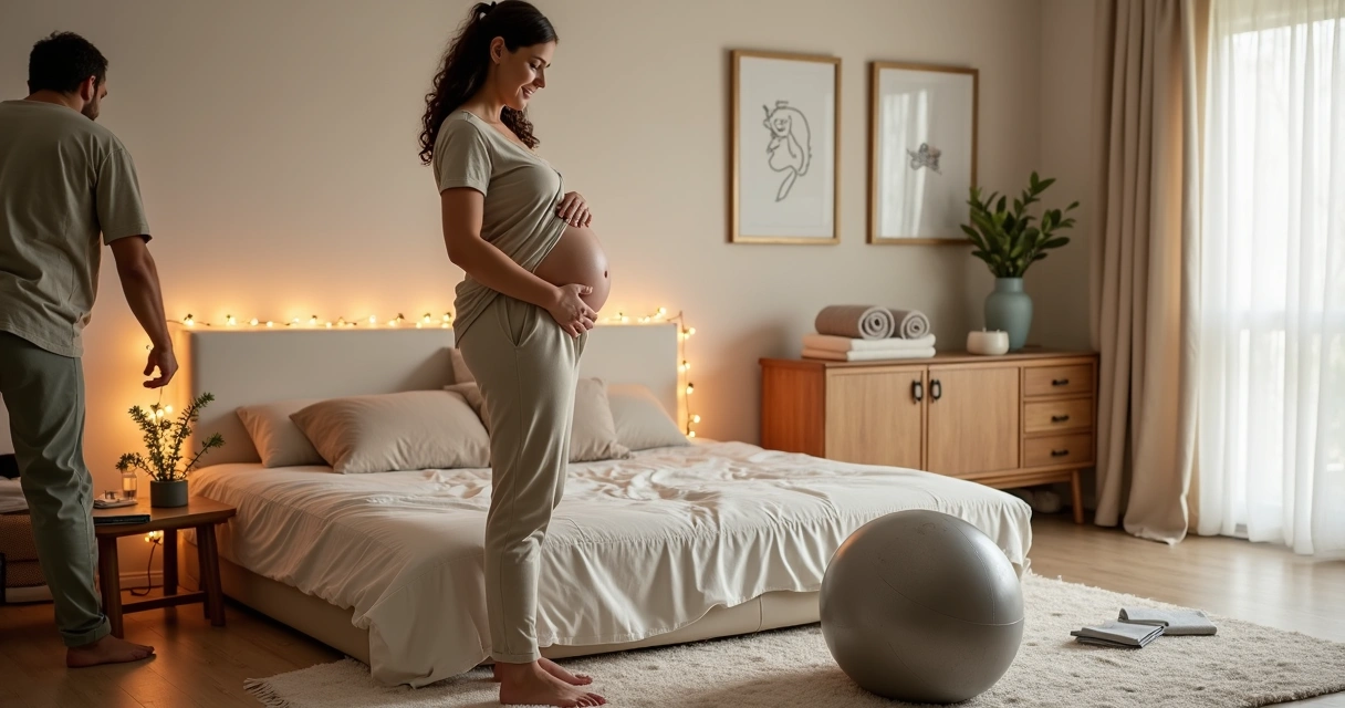 Casal criando ambiente acolhedor para parto natural em casa 