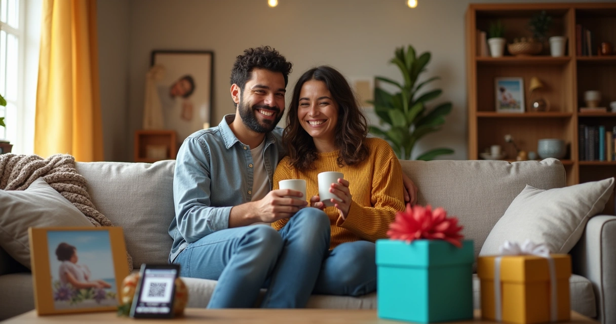 Casal sorrindo no sofá recebendo presentes diferentes 