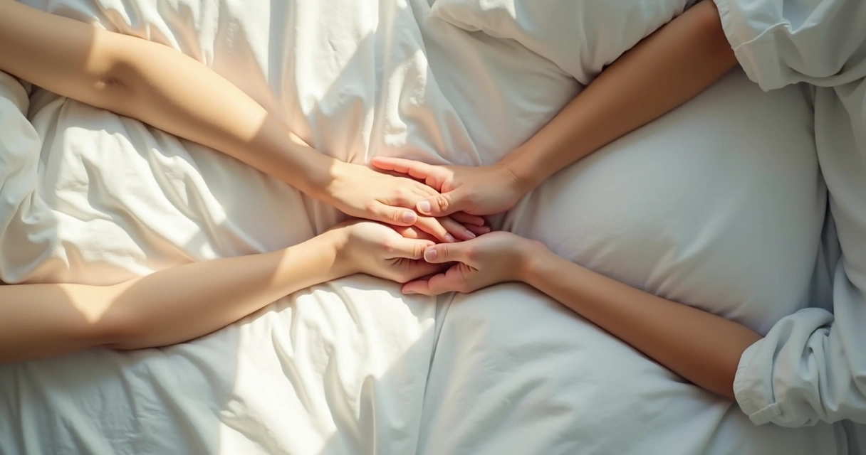 Casal de mãos dadas envolto em luz branca suave 