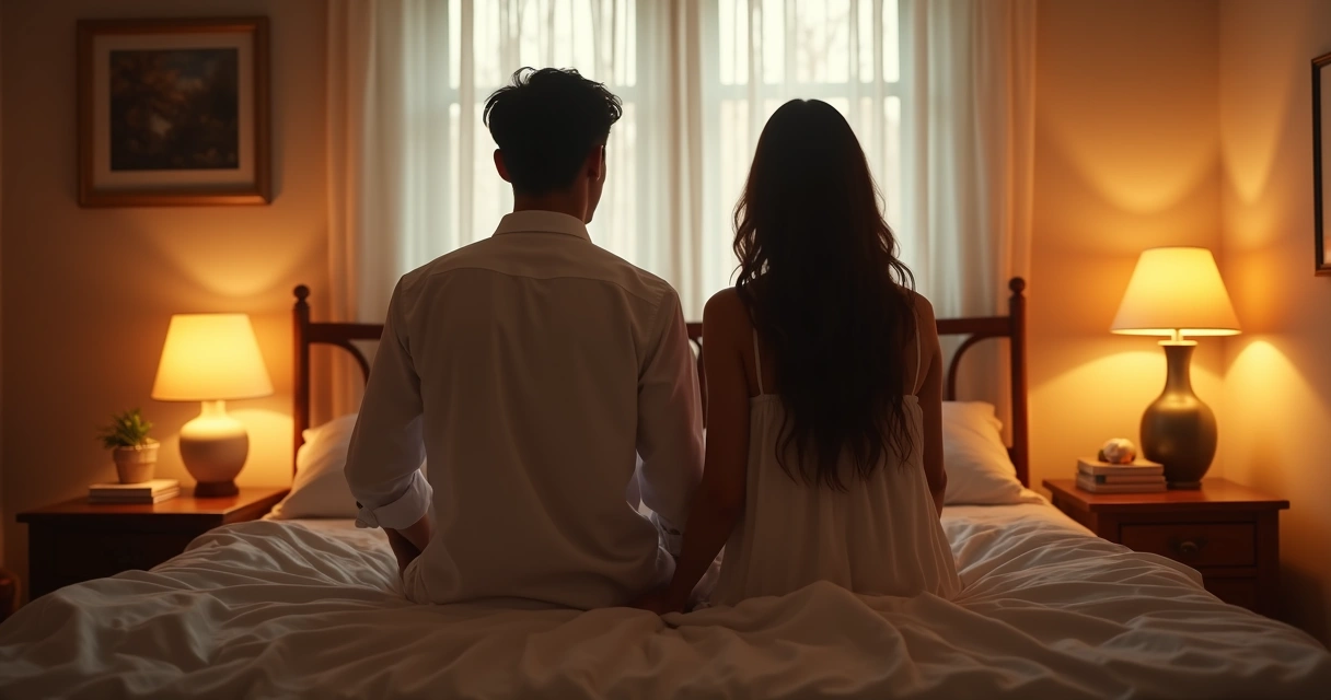 Casal sentado juntos na beirada da cama em um quarto aconchegante 
