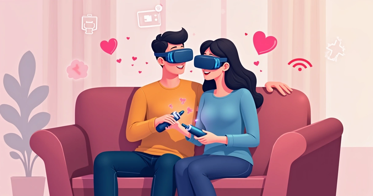 Casal usando realidade virtual e sex toys tecnológicos