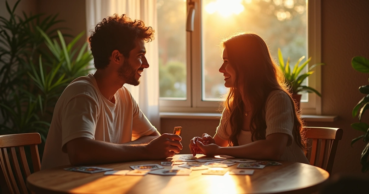 Casal reunido segurando cartas do tarot 