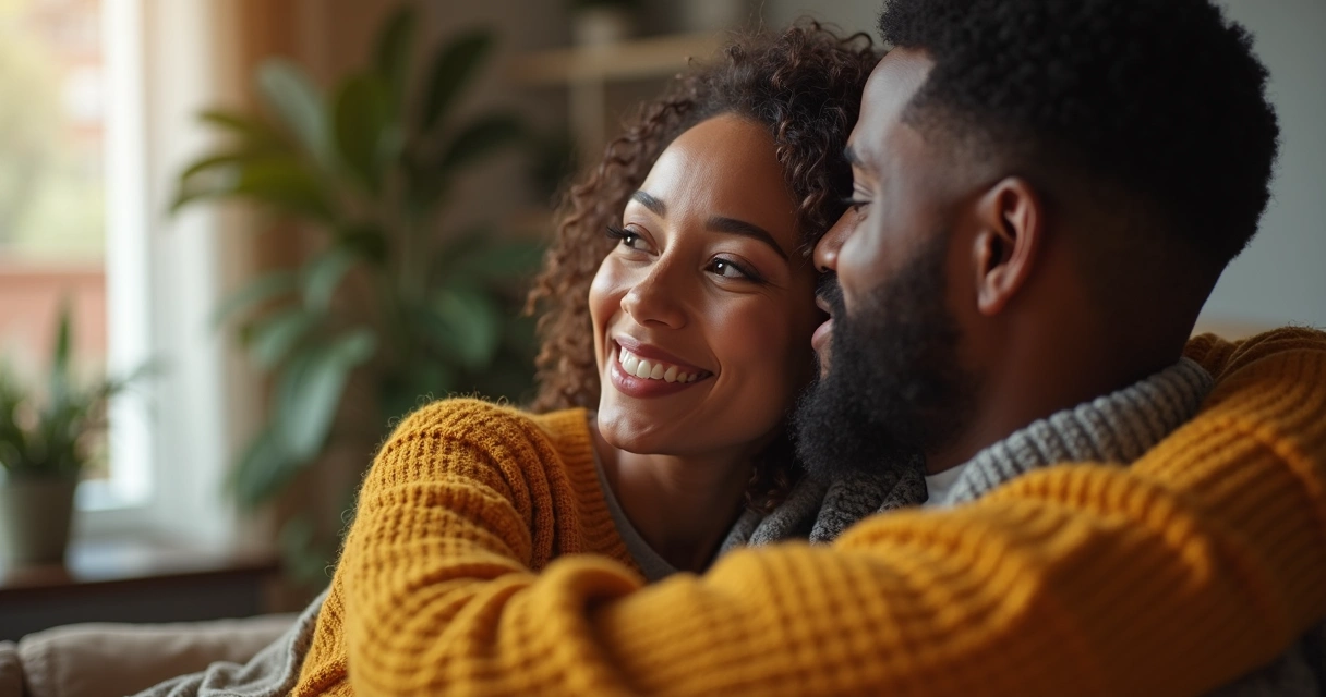 Casal abraçado sorrindo após conversa reconstrutiva 