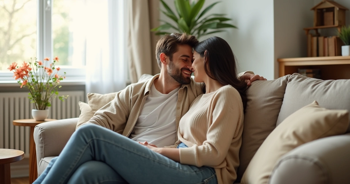 Casal sorrindo sentados próximos, ambiente acolhedor em casa