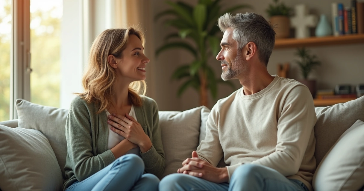 Casal conversando de forma tranquila e consciente sentado em um sofá 