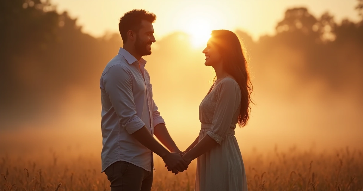 Casal sorrindo de mãos dadas após reconciliação amorosa