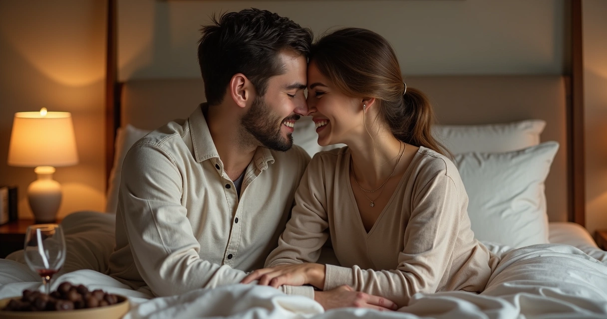 Casal sorrindo, sentados próximos na cama, olhando um para o outro com cumplicidade, ambiente acolhedor de quarto com luz suave