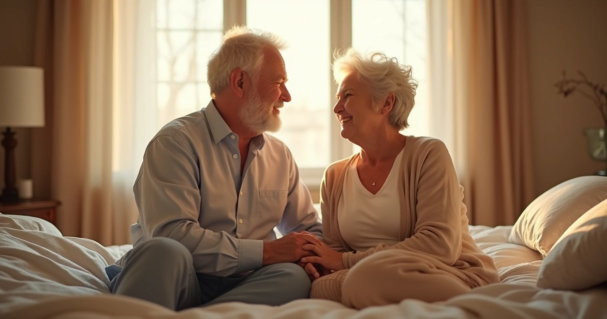 Casal maduro sorrindo, sentados juntos em cama de quarto bem iluminado 
