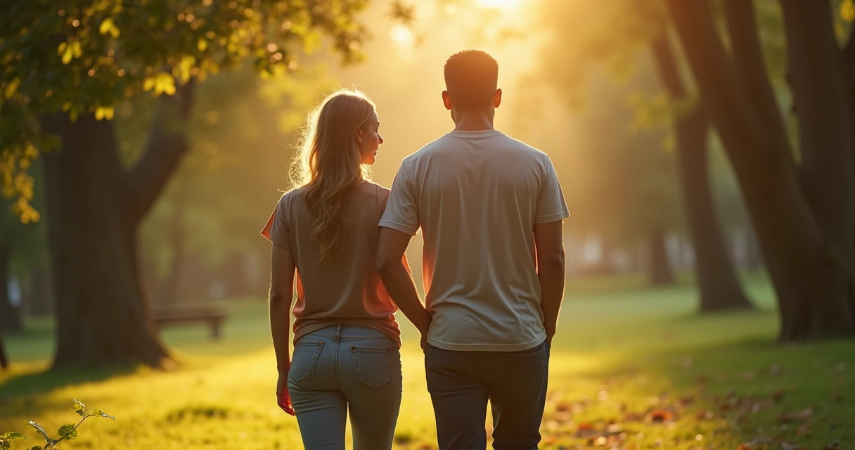 Casal caminhando juntos após conversa difícil em um parque 
