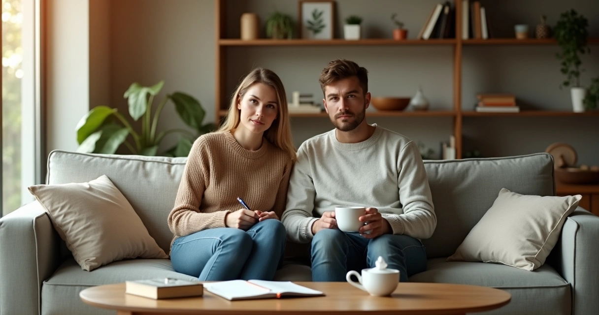 Casal sentado no sofá refletindo sobre gatilhos emocionais na relação 