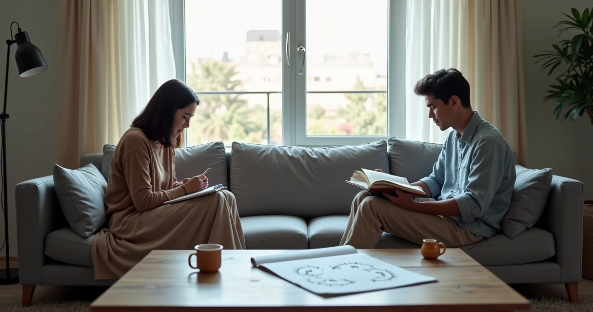 Casal sentado em lados opostos do sofá refletindo sobre padrões emocionais 