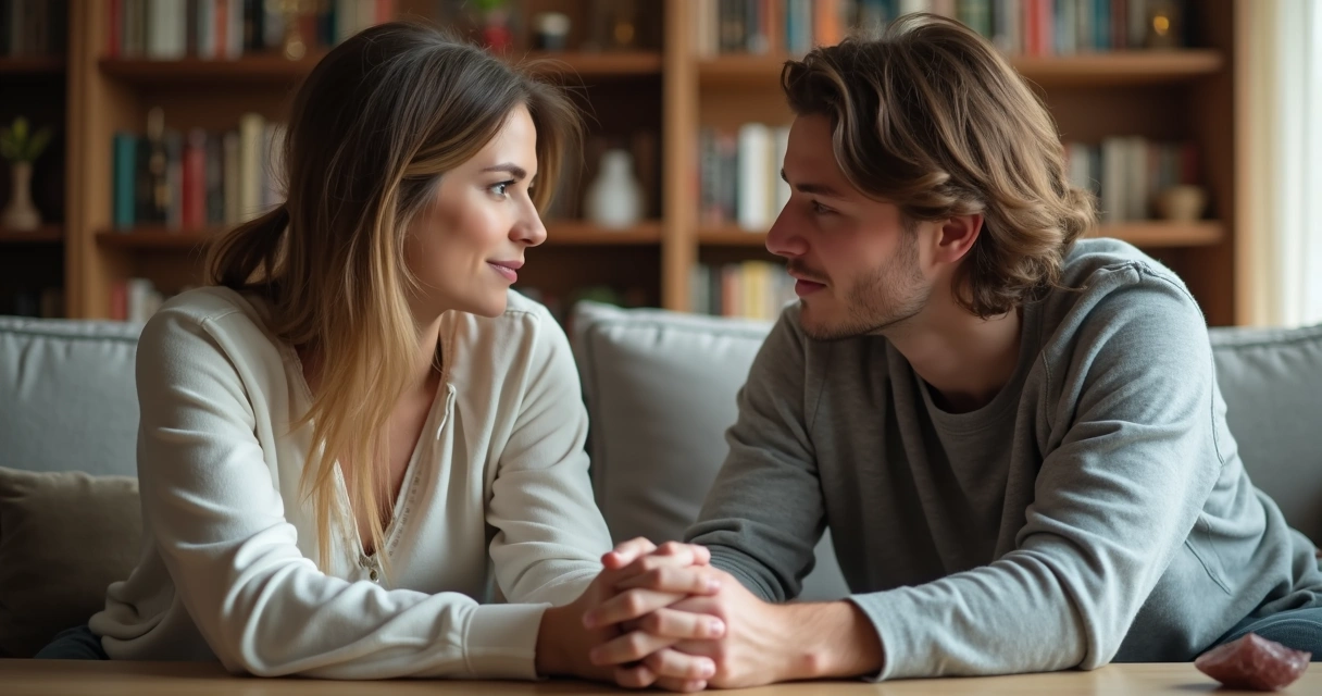 Casal sentado frente a frente conversando em ambiente íntimo e calmo 