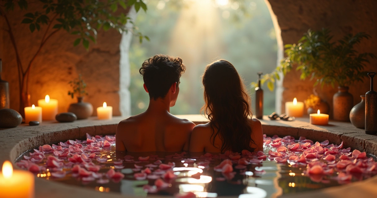 Casal em reflexão espiritual durante banho energético 