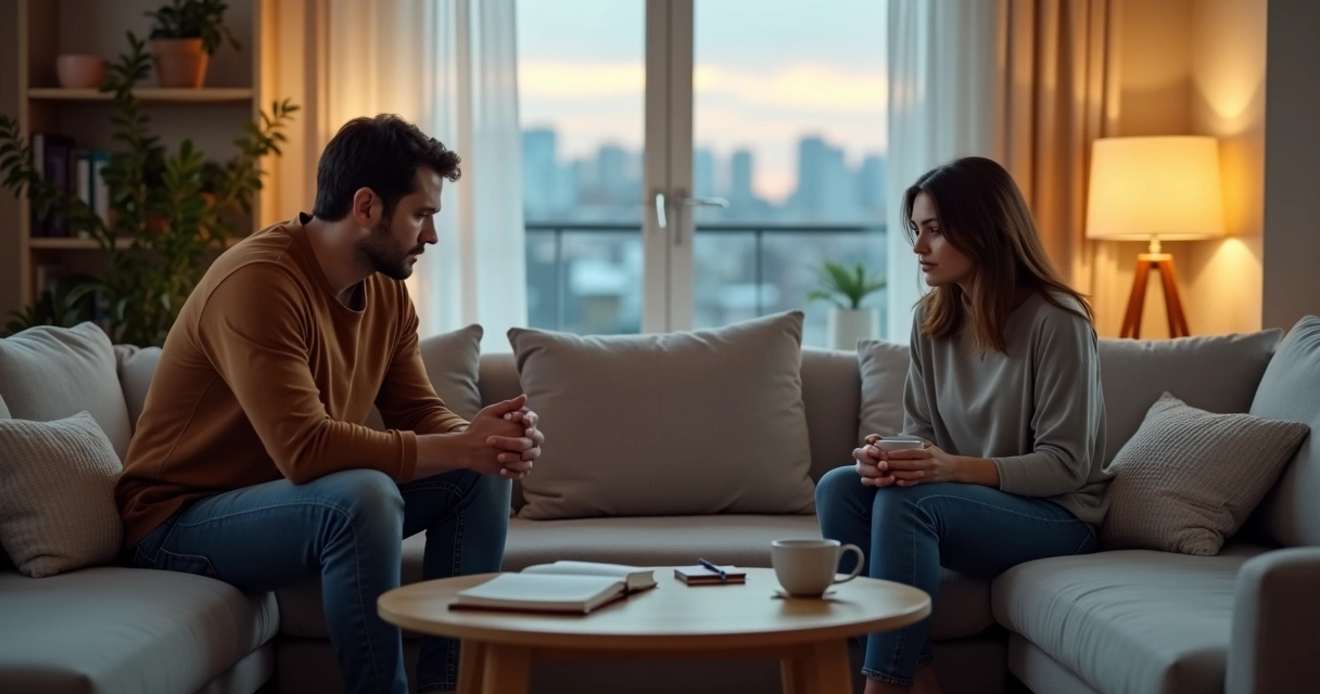 Casal sentado em lados opostos do sofá em silêncio refletindo sobre o relacionamento 