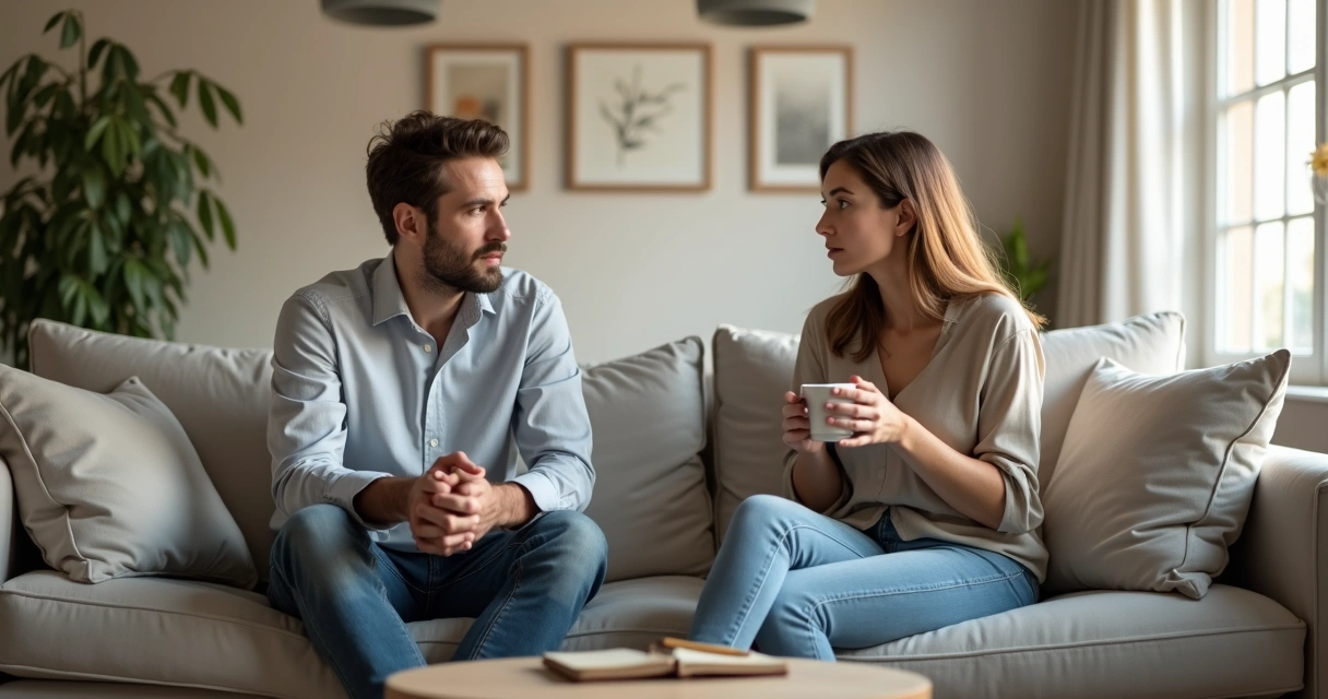 Casal sentado em sofá olhando em direções opostas em momento de reflexão silenciosa 