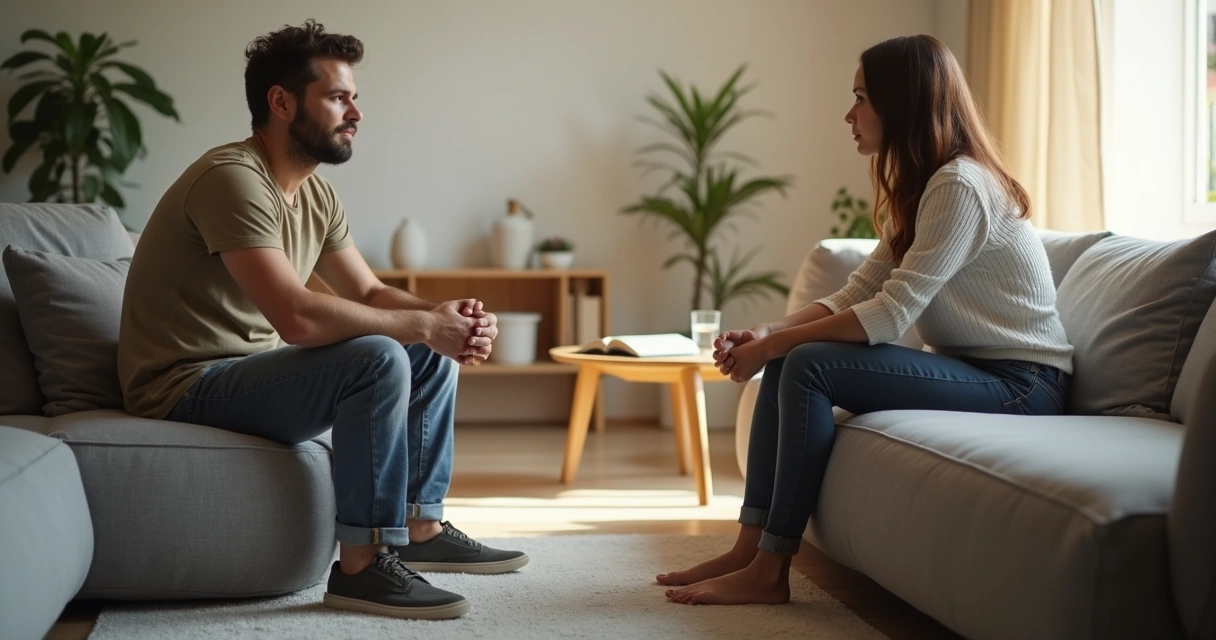Casal sentado em sofá olhando em direções opostas em clima de reflexão silenciosa 