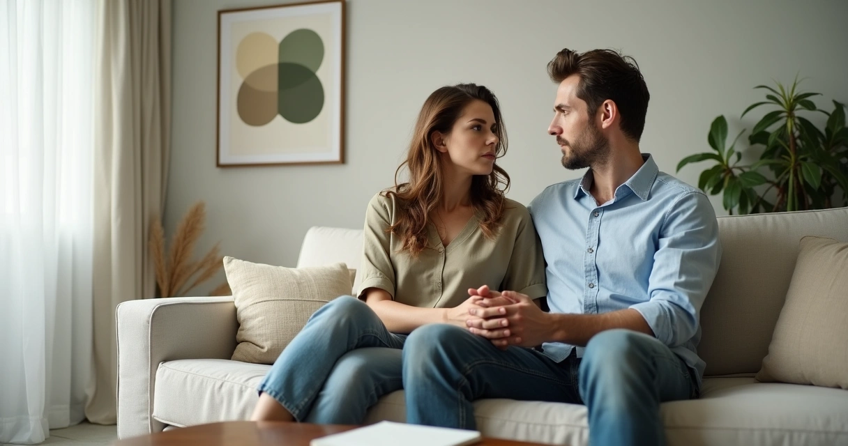 Casal sentado em sofá olhando em direções opostas em clima de reflexão 