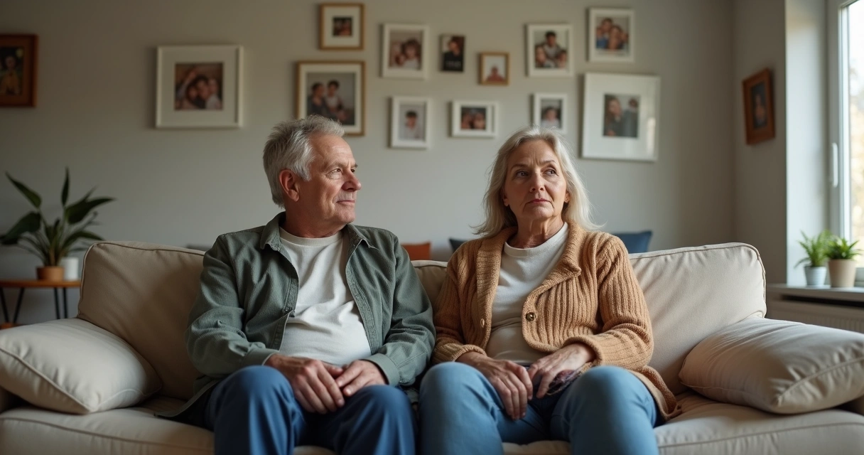 Casal sentado em um sofá, olhando para frente, em clima reflexivo. 