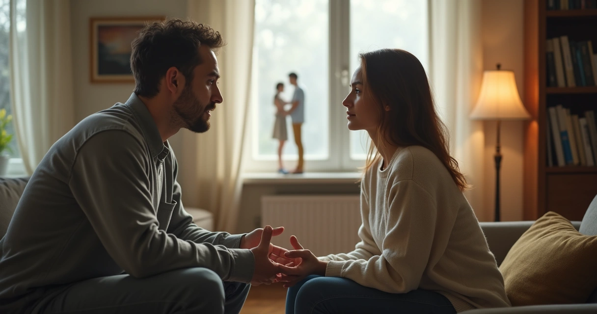 Casal em conversa com reflexo simbólico ao fundo