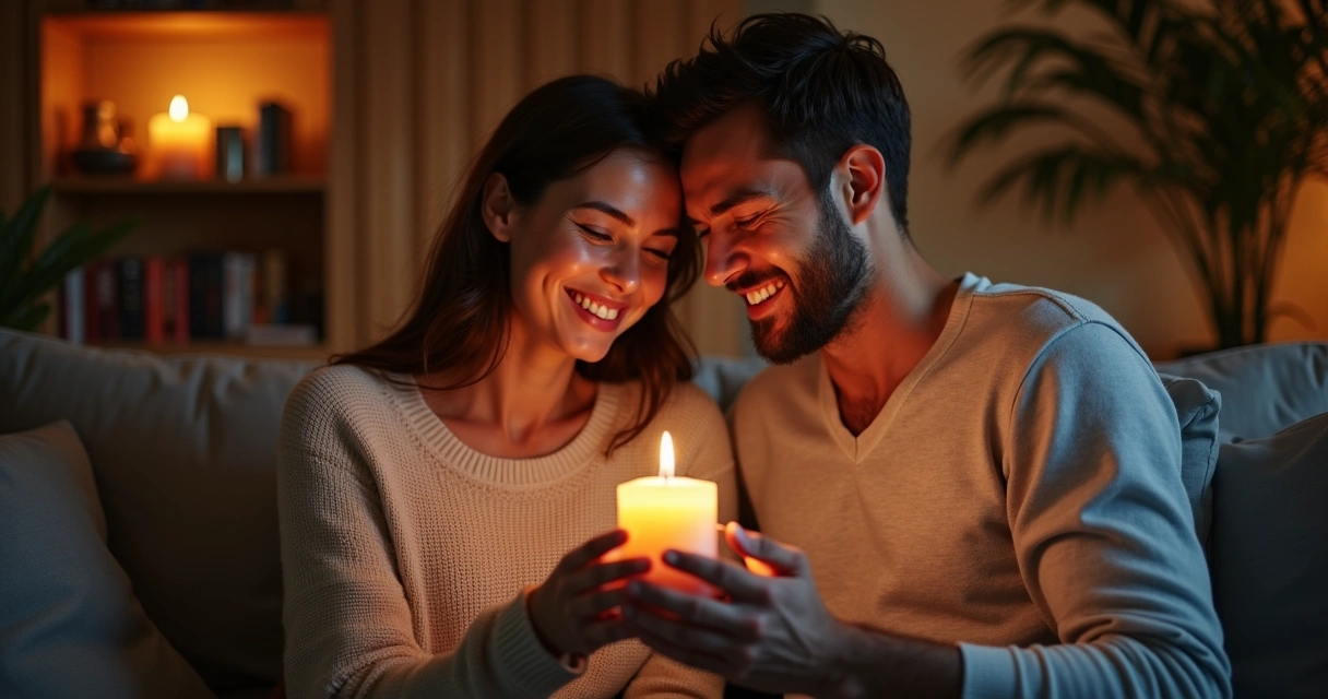 Casal sorridente acende vela juntos em clima romântico em casa