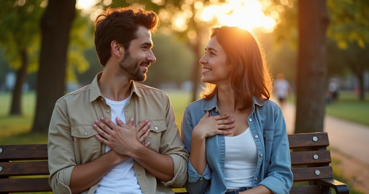 Casal conversando com calma em um banco de parque ao pôr do sol 